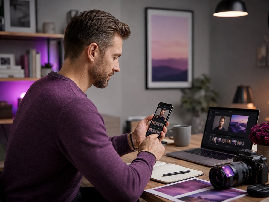 Creador preparando las fotografías de su perfil
